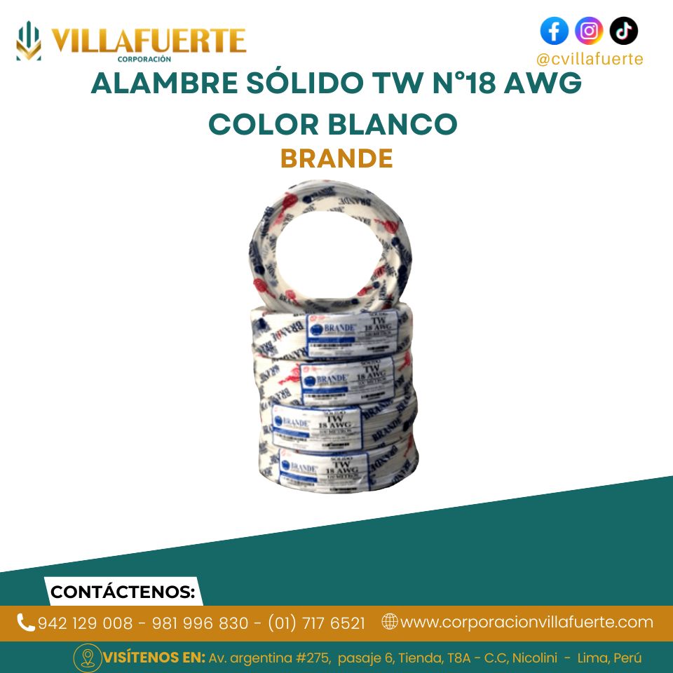 ALAMBRE SÓLIDO TW N°18 AWG COLOR BLANCO BRANDE