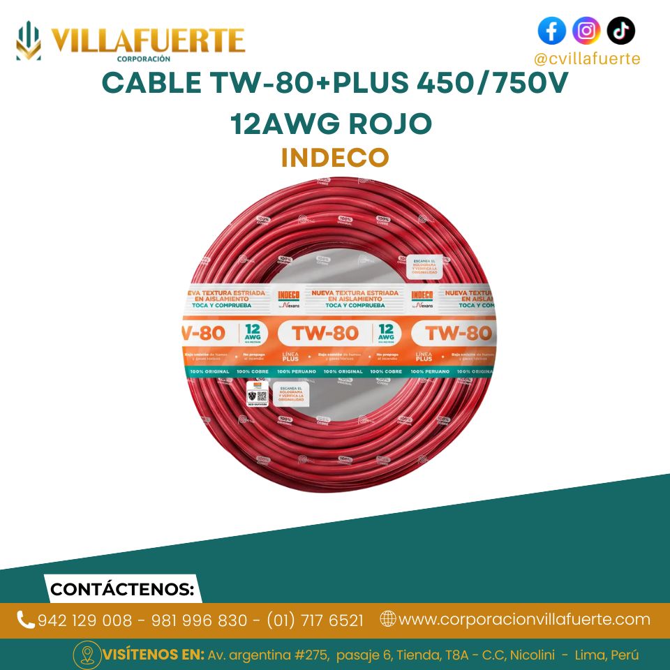 CABLE TW-80+PLUS 450/750V 12AWG ROJO INDECO