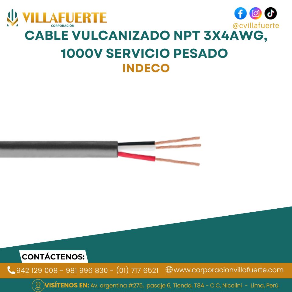 Cable vulcanizado NPT 3x4AWG, 1000V servicio pesado INDECO