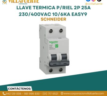 LLAVE TERMICA P/RIEL 2P 25A 230/400VAC 10/6KA EASY9 EZ9F56225 SCHNEIDER