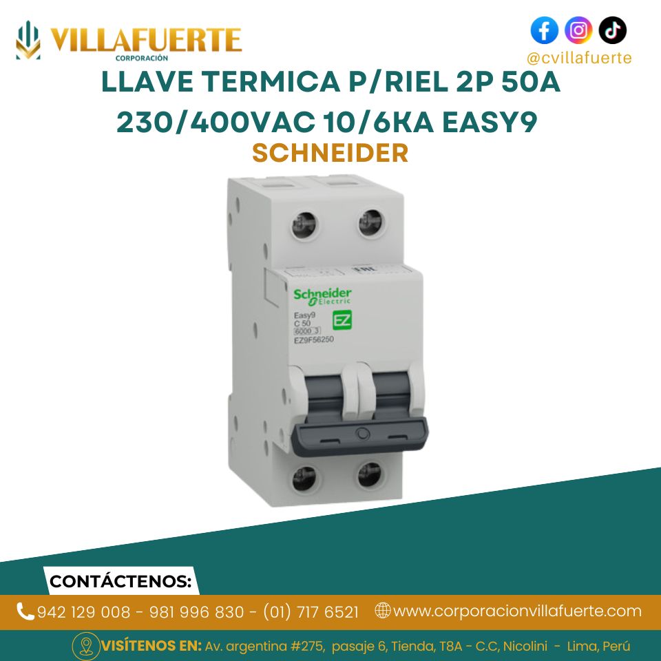 LLAVE TERMICA P/RIEL 2P 50A 230/400VAC 10/6KA EASY9 EZ9F56250 SCHNEIDER
