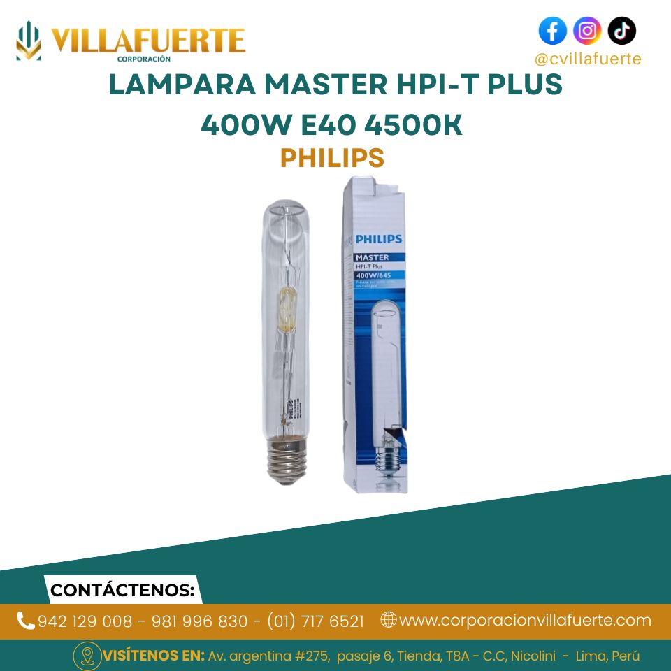 LAMPARA MASTER HPI-T PLUS 400W E40 4500K PHILIPS