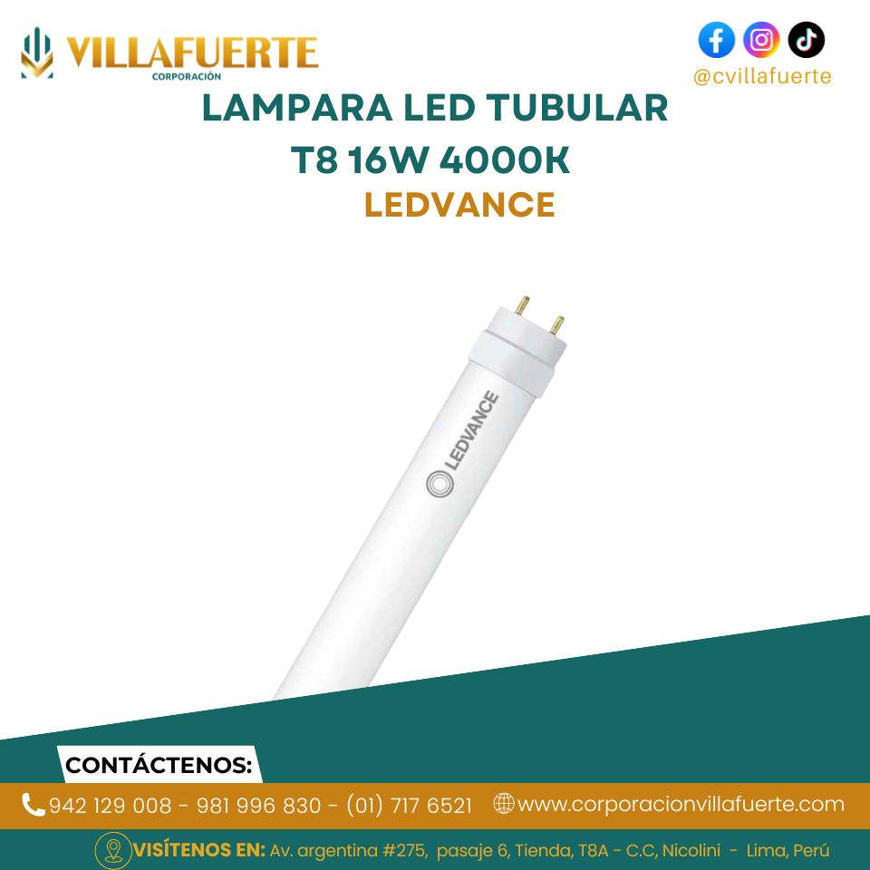 LAMPARA LED TUBULAR T8 16W 4000K 100-277V G13 1200MM LEDVANCE