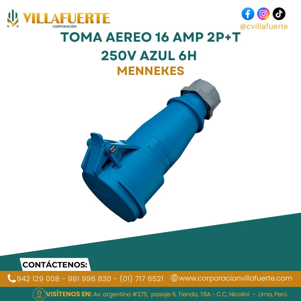 TOMA AEREO 16 AMP 2P+T 250V AZUL 6H IP44 MENNEKES