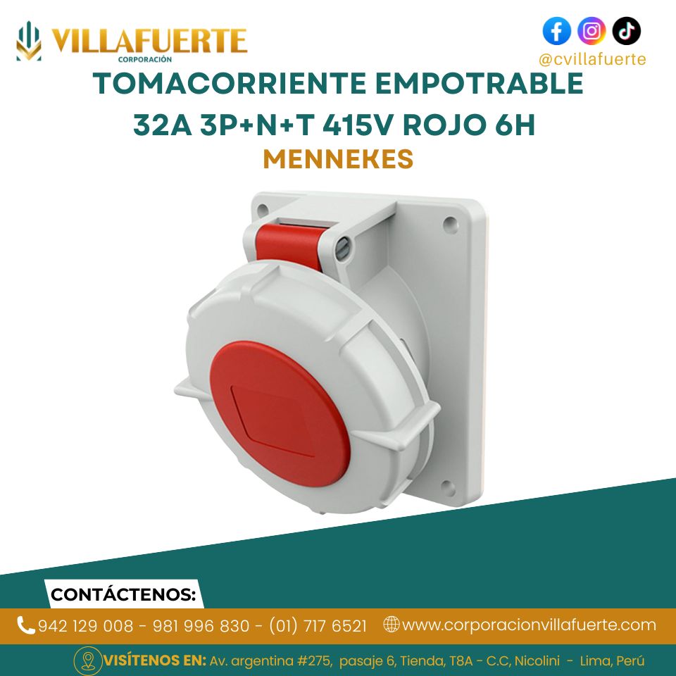 TOMACORRIENTE EMPOTRABLE 32A 3P+N+T 415V ROJO 6H IP67 MENNEKES